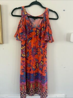 Vibrant Orange Floral Cold-Shoulder Midi Dress